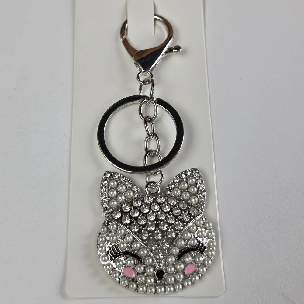 Pastel Collection Fox Bag Charm Key Chain Silver NEW Pearl Rhinestone